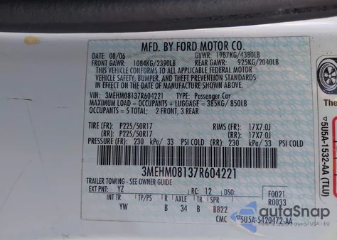 2007 Mercury Milan V6 Premier z USA, uszkodzony, nr VIN 3MEHM08137R604221